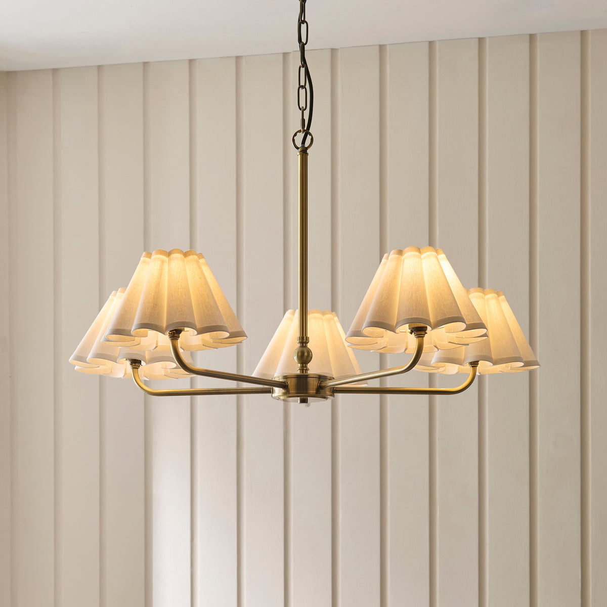 Endon Sylvie 5 Light Pendant - Antique Brass Plate & Vintage White Cotton