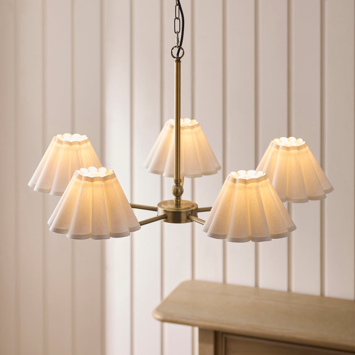 Endon Sylvie 5 Light Pendant - Antique Brass Plate & Vintage White Cotton