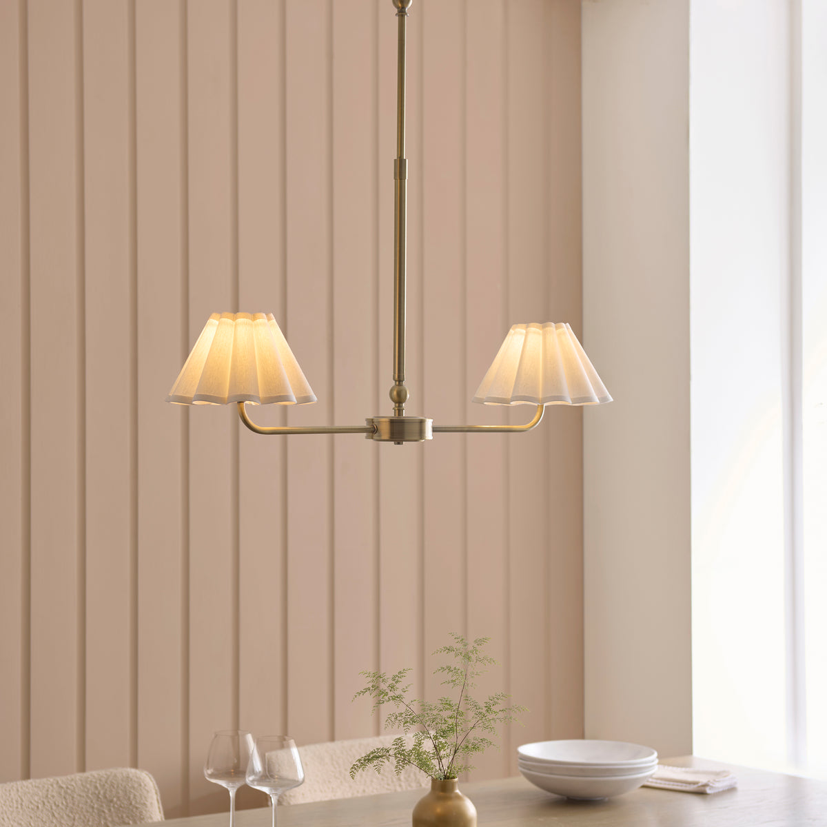 Endon Sylvie 2 Light Linear Pendant - Antique Brass Plate & Vintage White Cotton