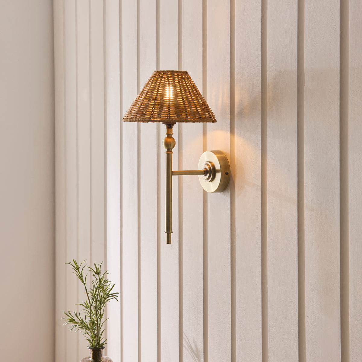 Endon Jericho Wall Light - Antique Brass Plate & Dark Rattan