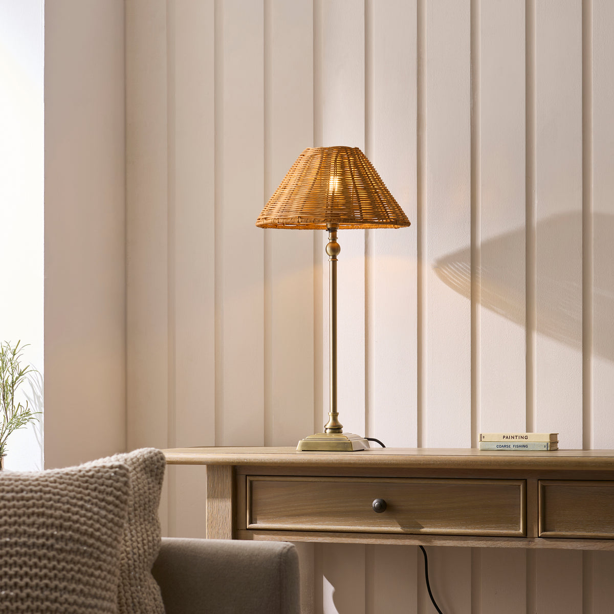 Endon Jericho Table Light - Antique Brass Plate & Dark Rattan
