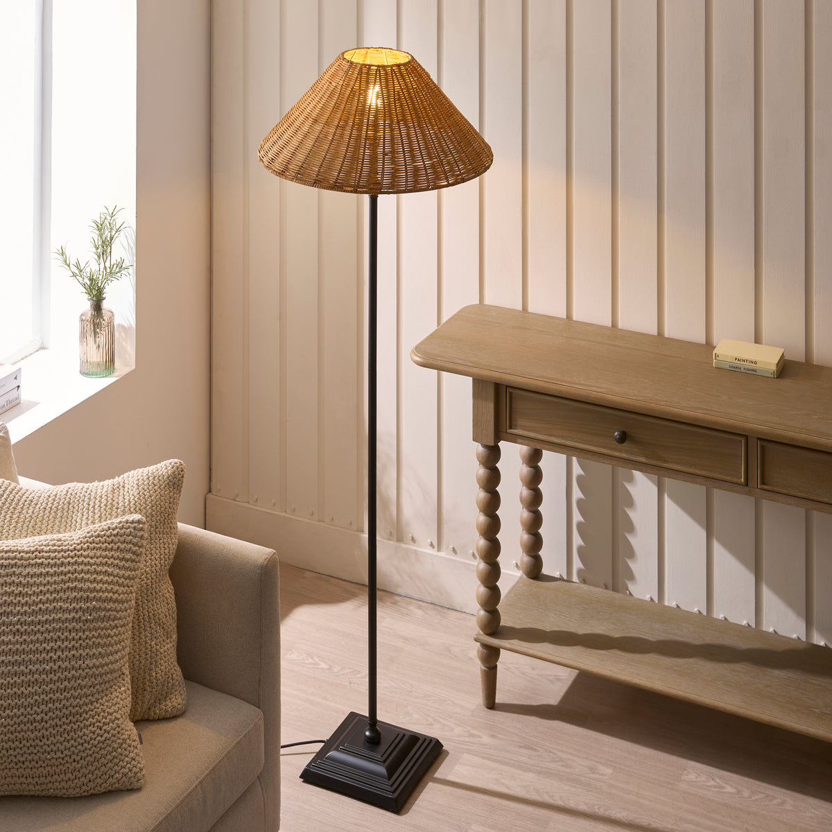 Endon Jericho Floor Light - Matt Black & Dark Rattan