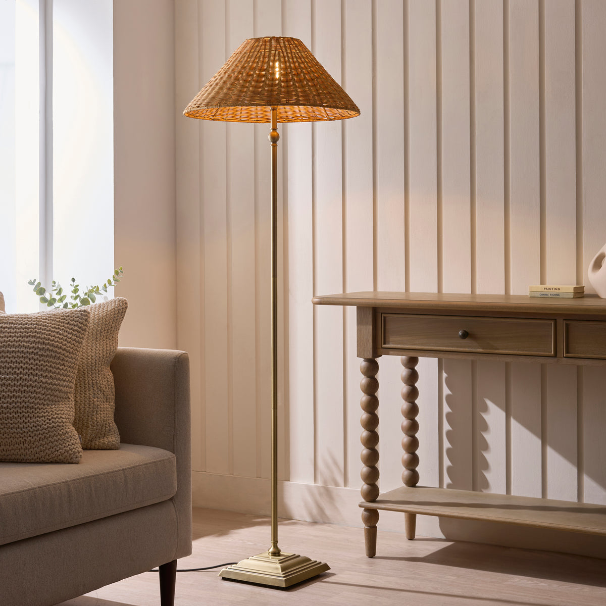 Endon Jericho Floor Light - Antique Brass Plate & Dark Rattan