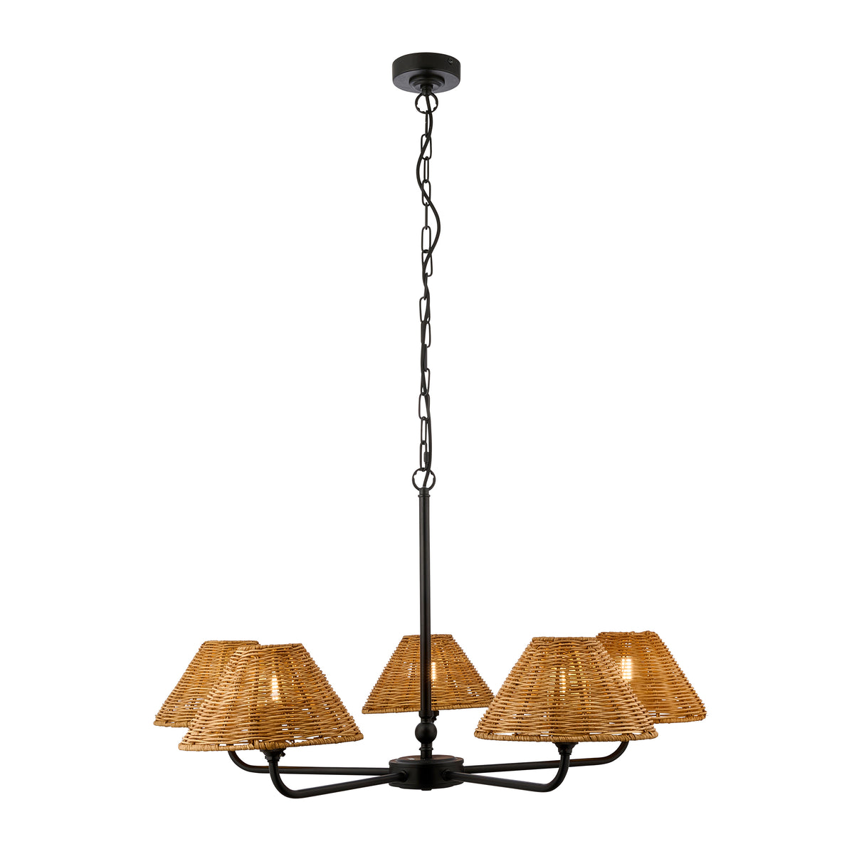 Endon Jericho 5 Light Pendant - Matt Black & Dark Rattan