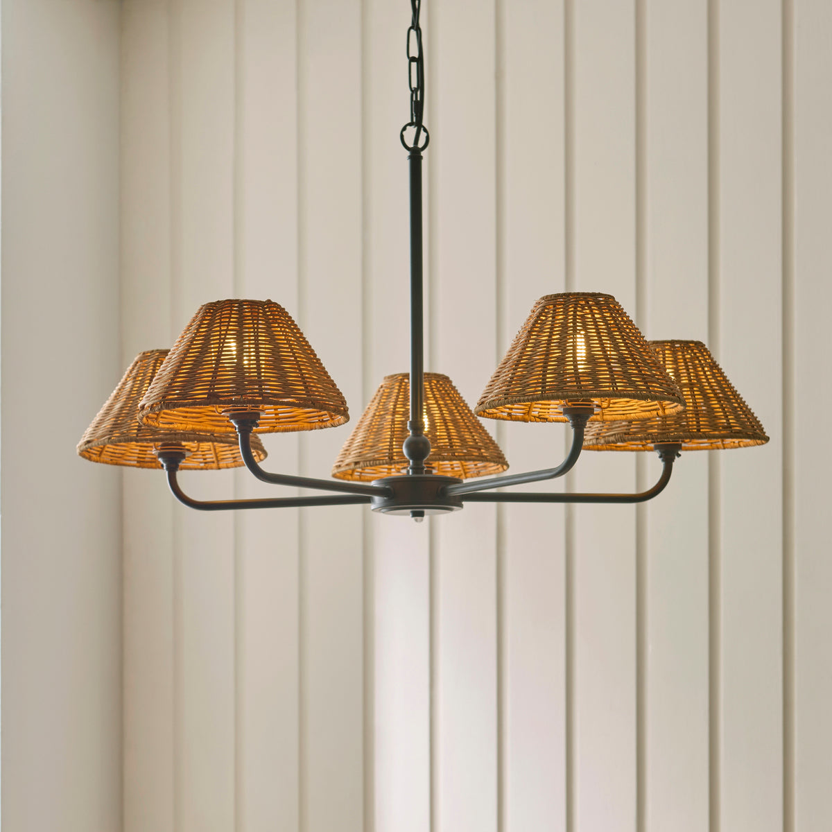 Endon Jericho 5 Light Pendant - Matt Black & Dark Rattan