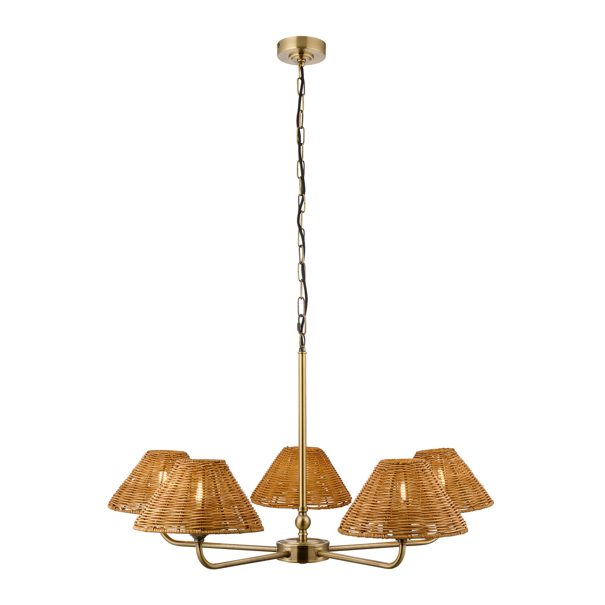 Endon Jericho 5 Light Pendant - Antique Brass Plate & Dark Rattan