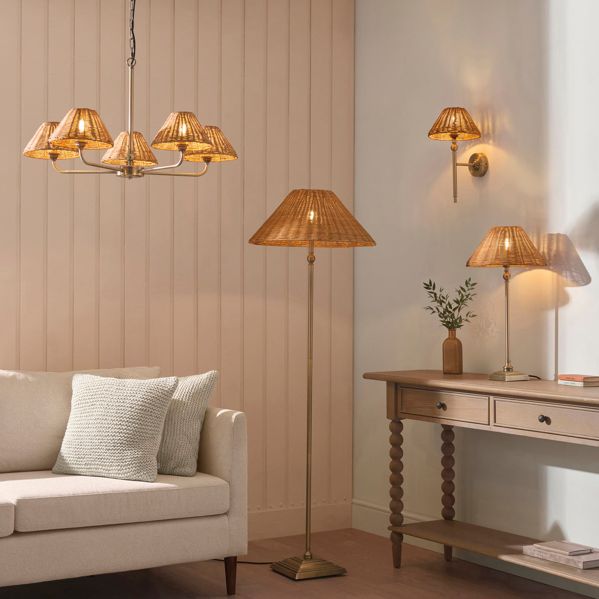 Endon Jericho 5 Light Pendant - Antique Brass Plate & Dark Rattan