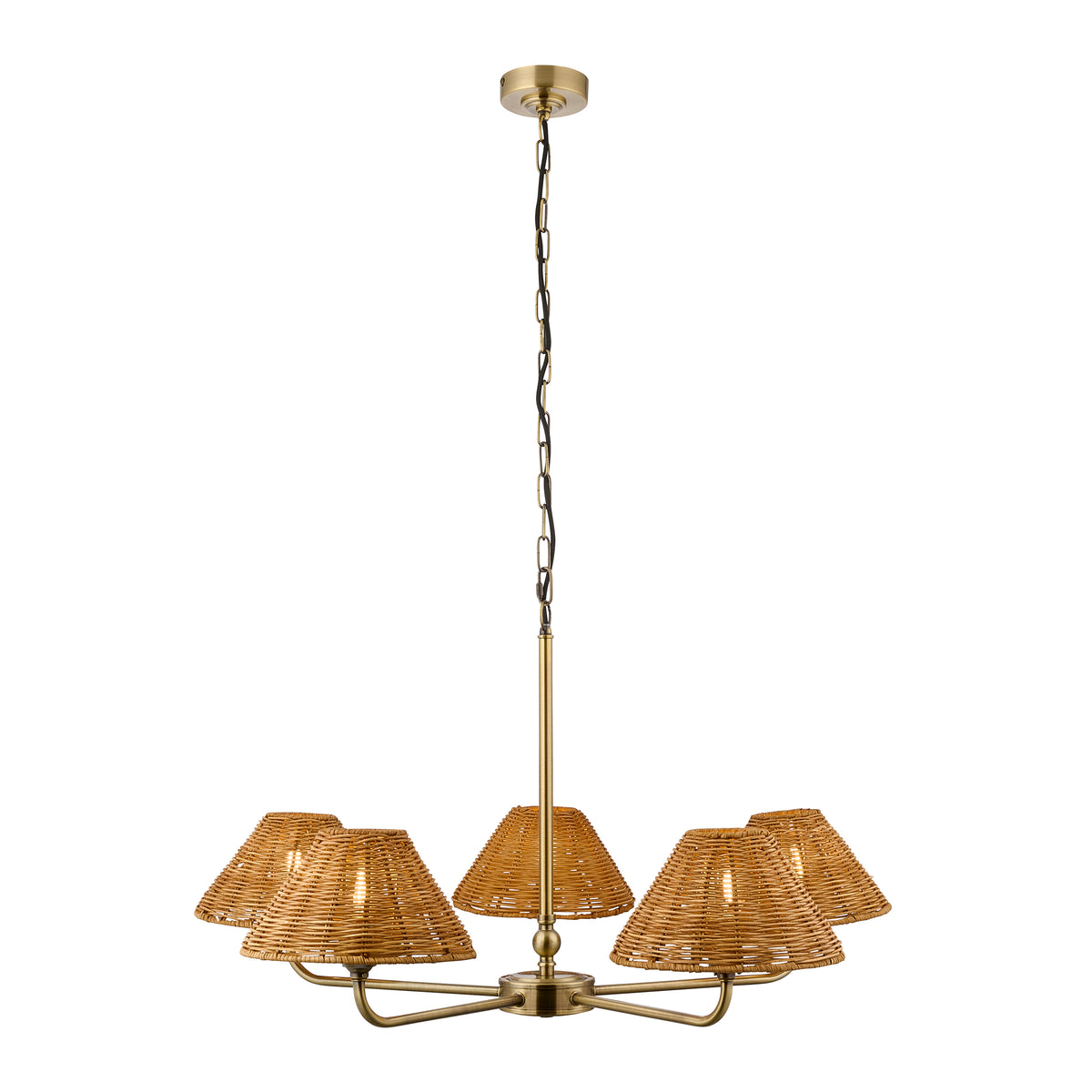 Endon Jericho 5 Light Pendant - Antique Brass Plate & Dark Rattan