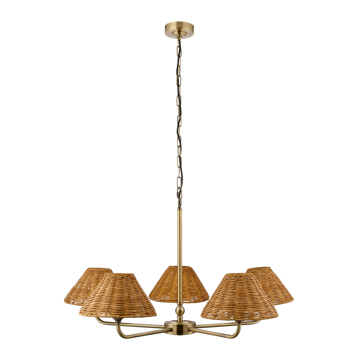 Endon Jericho 5 Light Pendant - Antique Brass Plate & Dark Rattan