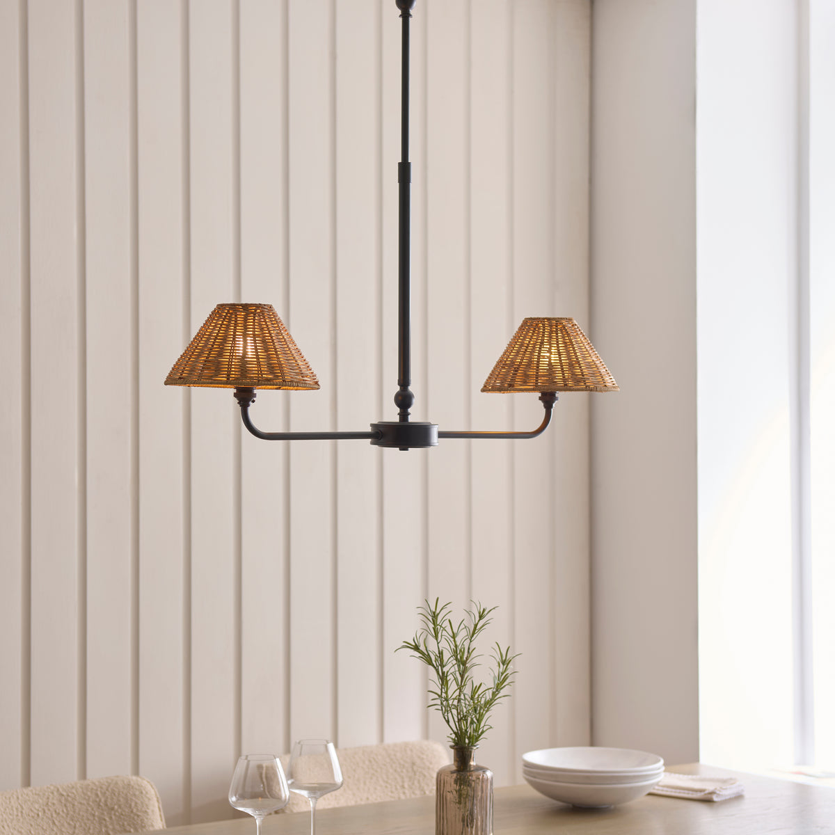 Endon Jericho 2 Light Linear Pendant - Matt Black & Dark Rattan