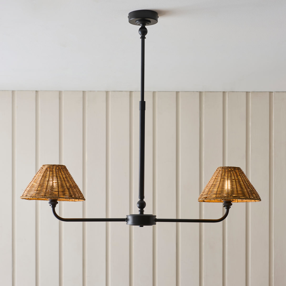Endon Jericho 2 Light Linear Pendant - Matt Black & Dark Rattan