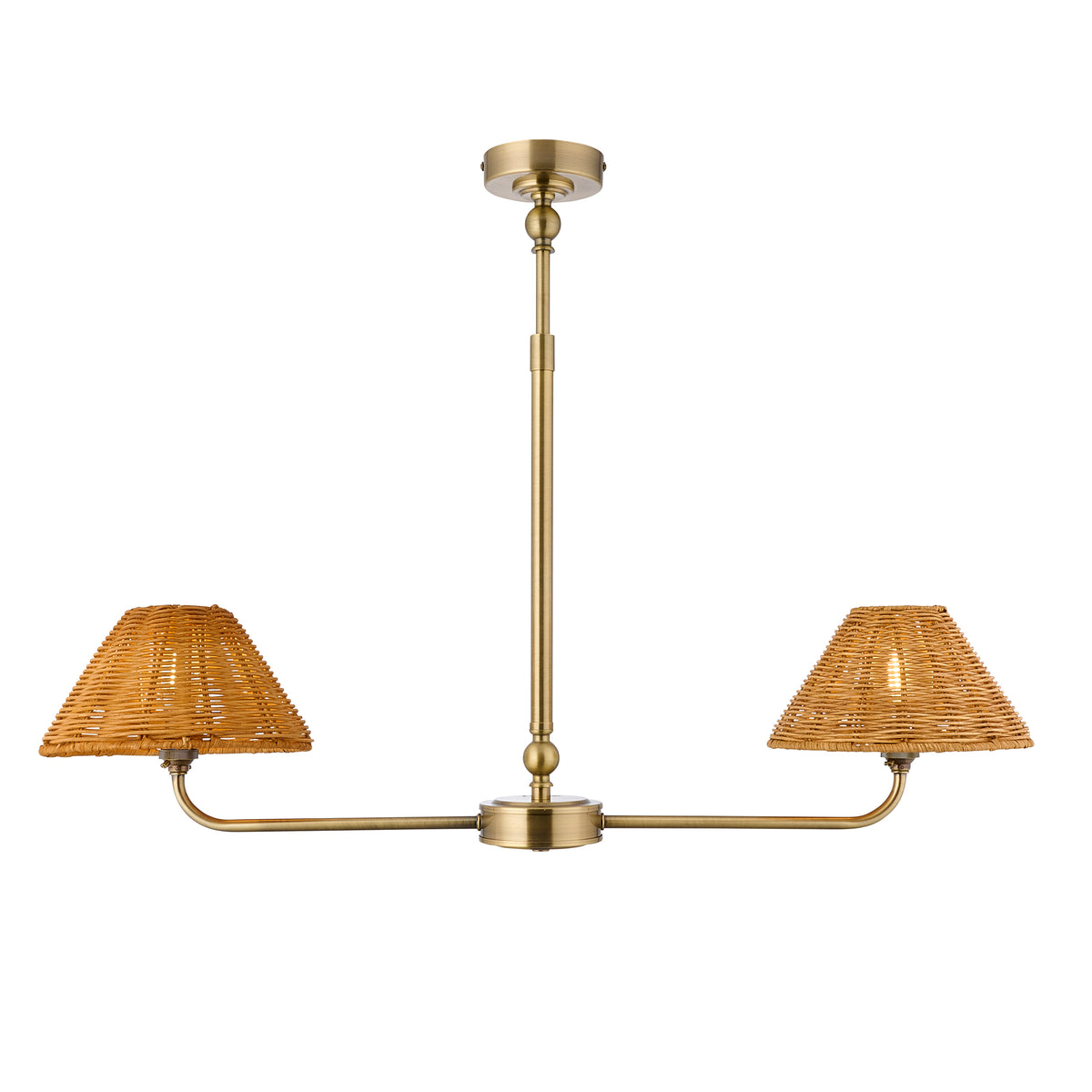Endon Jericho 2 Light Linear Pendant - Antique Brass Plate & Dark Rattan