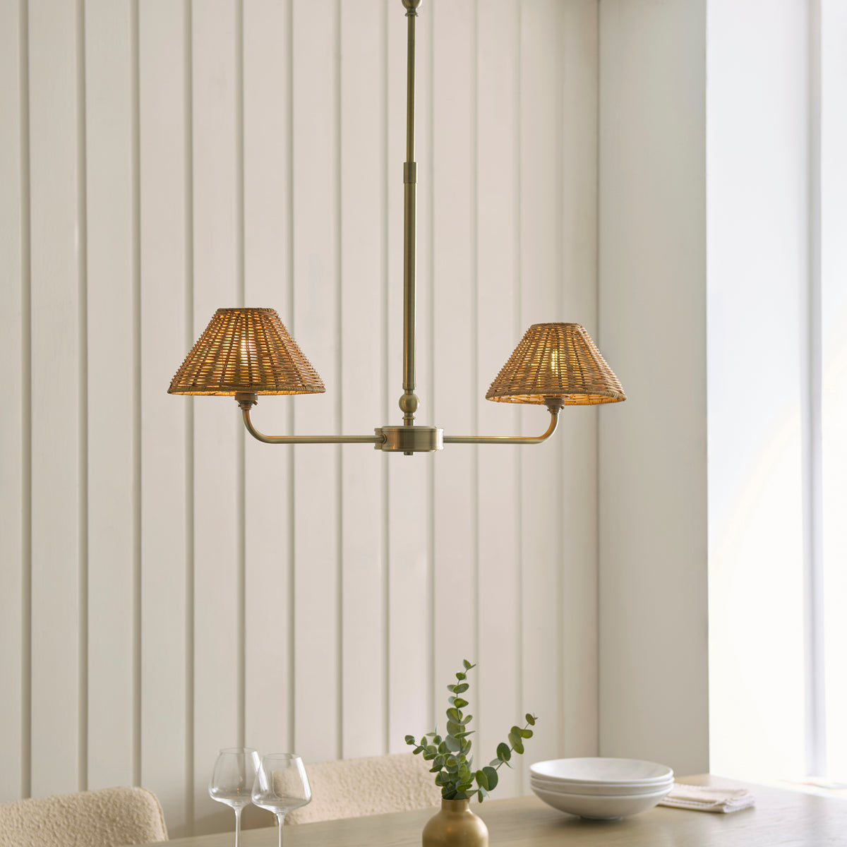 Endon Jericho 2 Light Linear Pendant - Antique Brass Plate & Dark Rattan