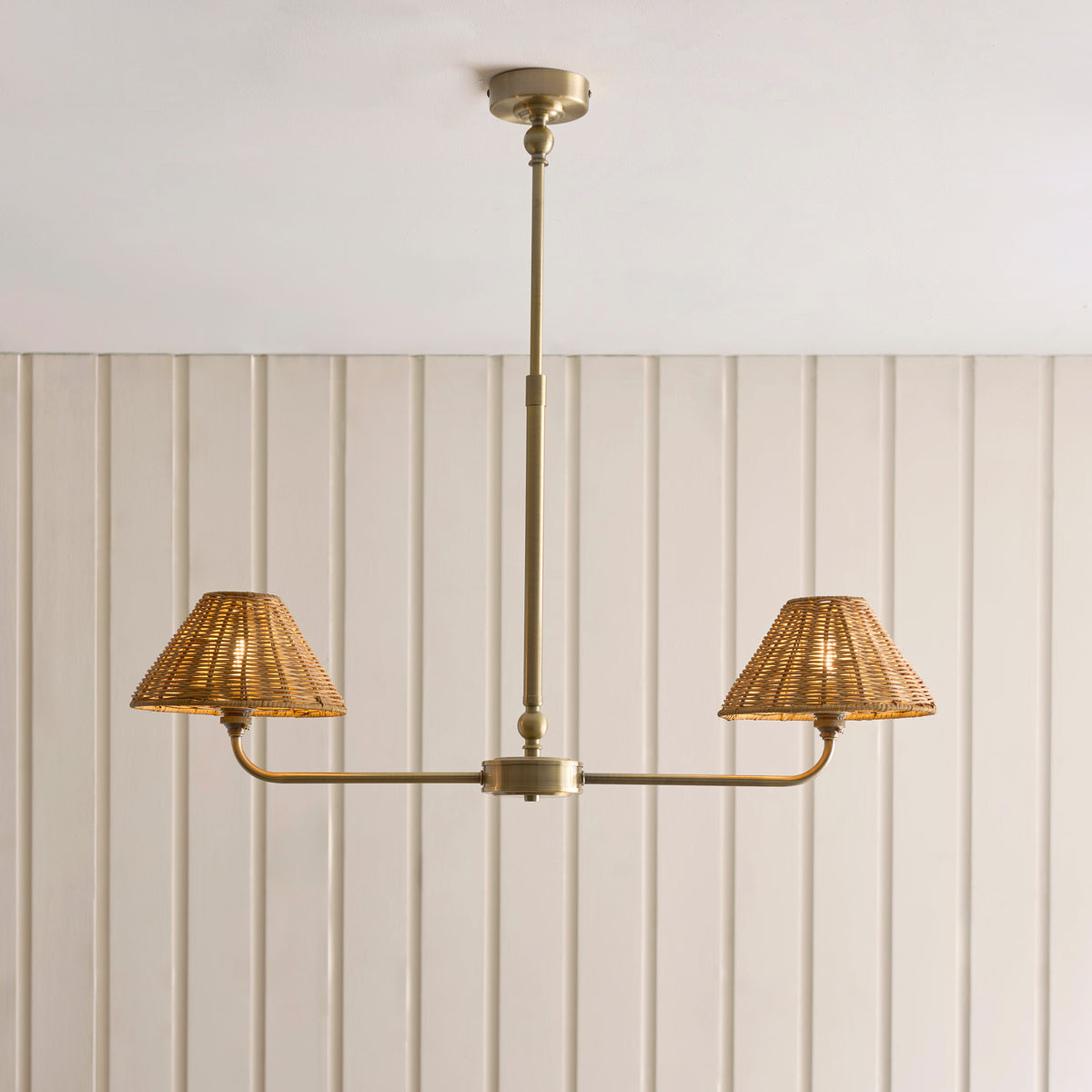 Endon Jericho 2 Light Linear Pendant - Antique Brass Plate & Dark Rattan