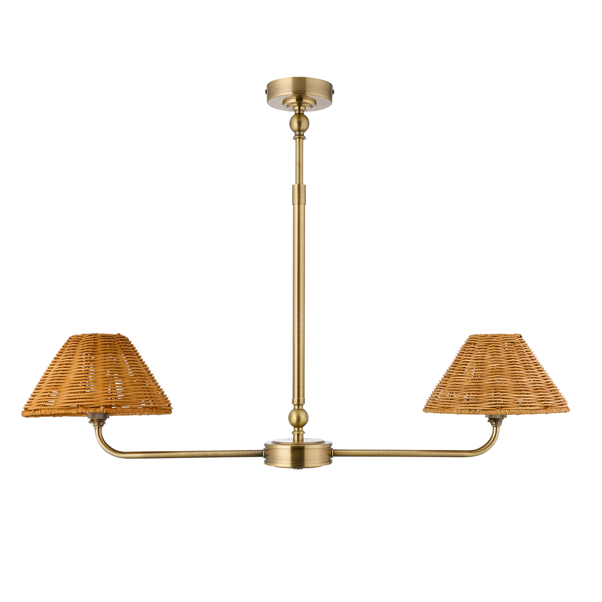 Endon Jericho 2 Light Linear Pendant - Antique Brass Plate & Dark Rattan