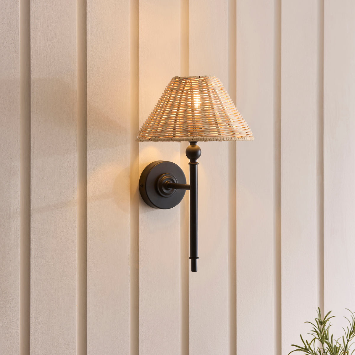 Endon Jericho Wall Light - Matt Black & Natural Rattan
