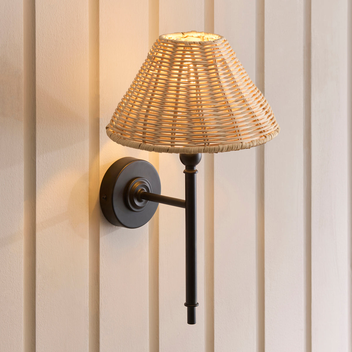 Endon Jericho Wall Light - Matt Black & Natural Rattan