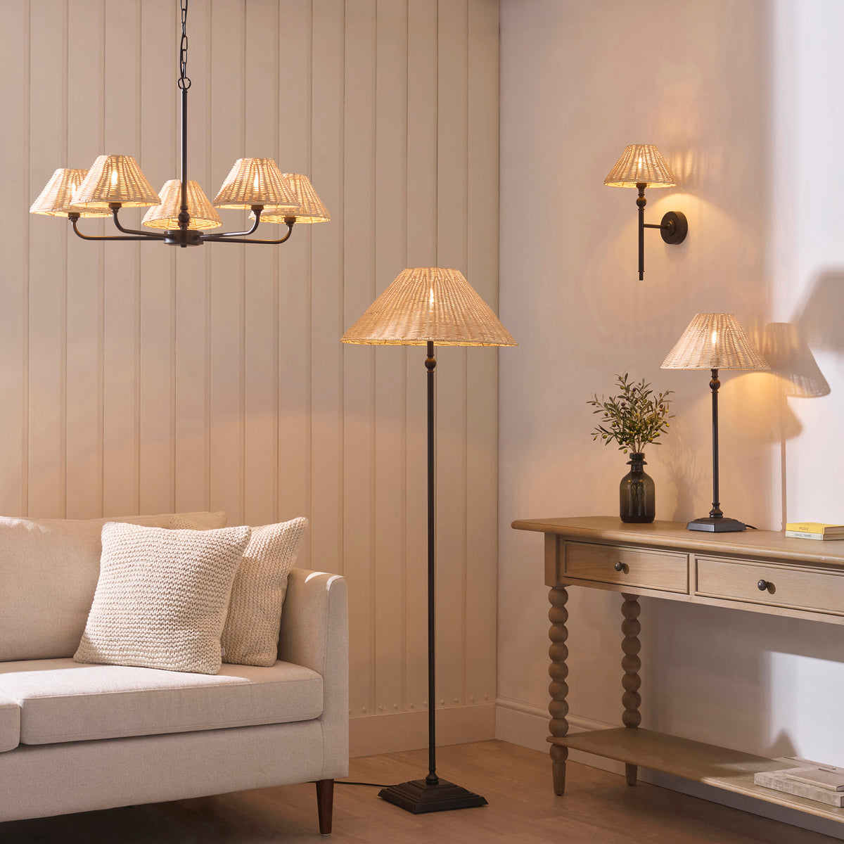 Endon Jericho Wall Light - Matt Black & Natural Rattan