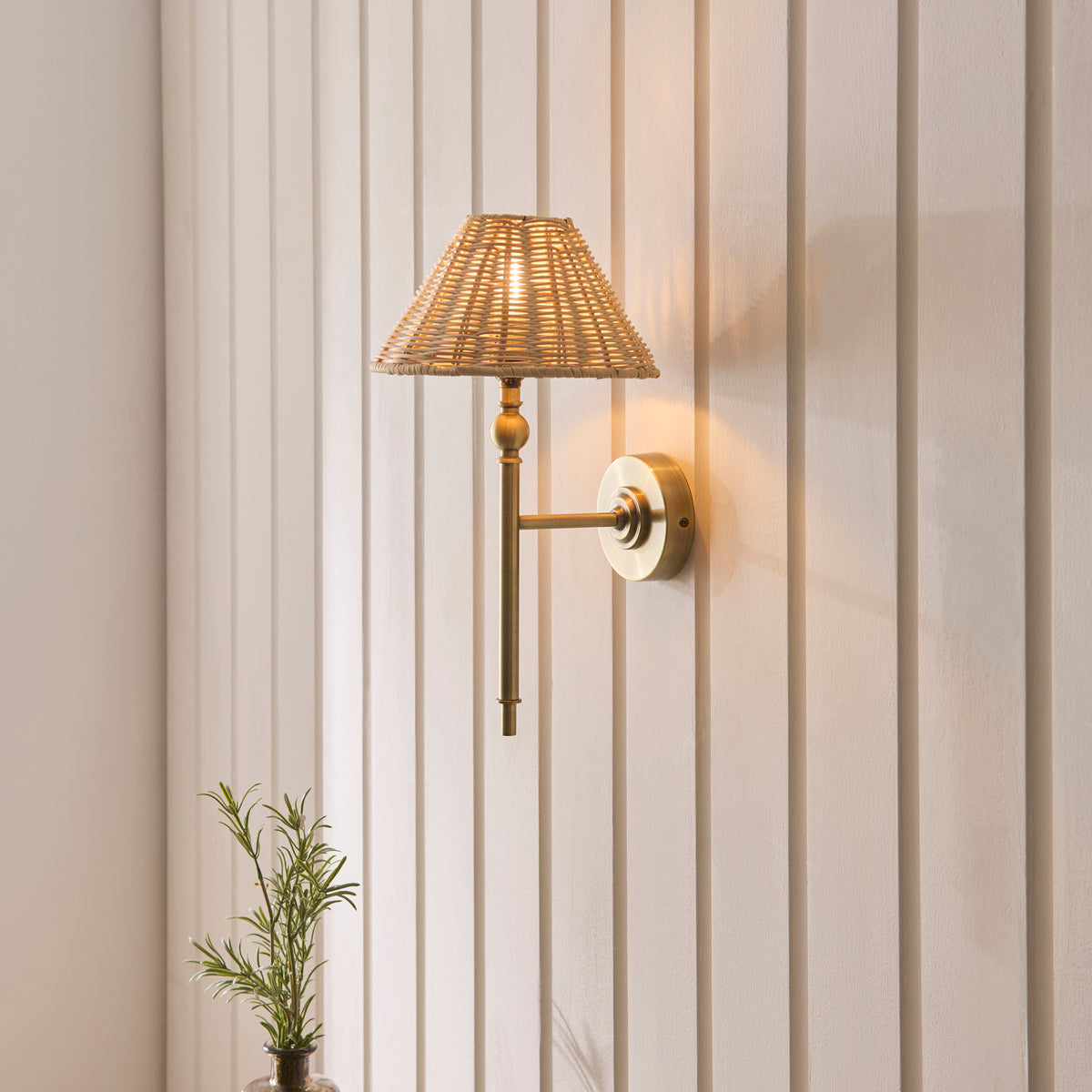 Endon Jericho Wall Light - Antique Brass Plate & Natural Rattan