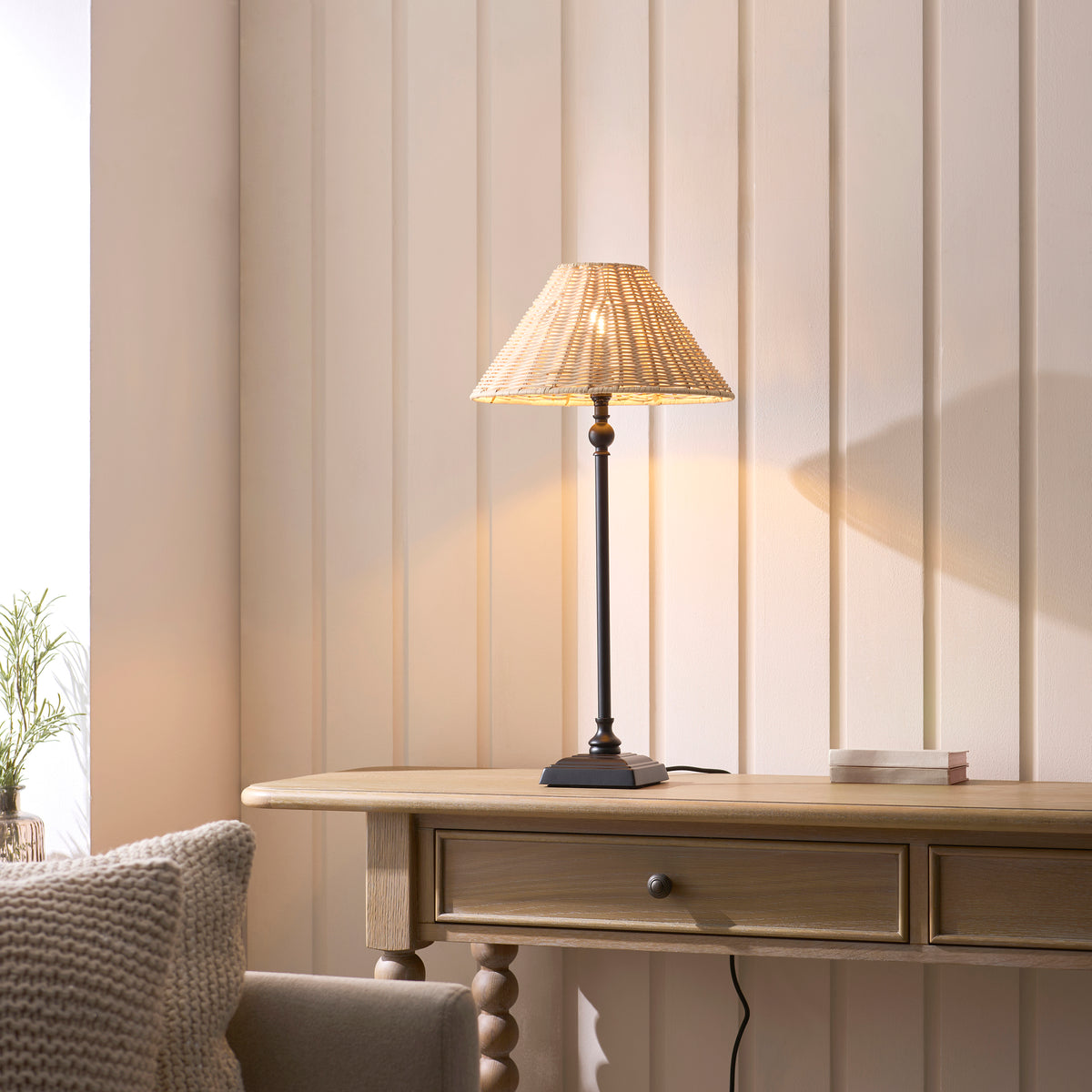Endon Jericho Table Light - Matt Black & Natural Rattan