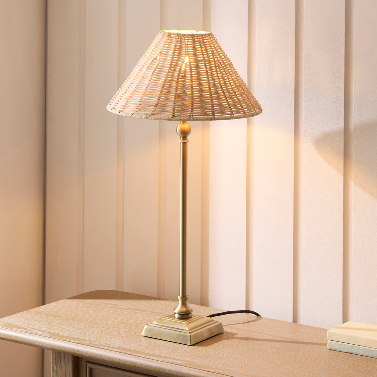 Endon Jericho Table Light - Antique Brass Plate & Natural Rattan