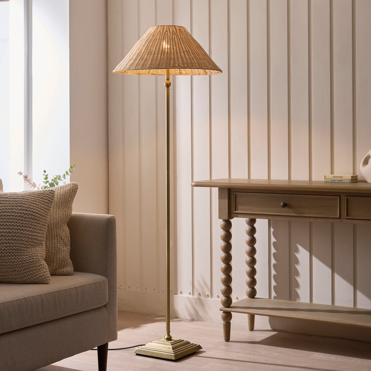 Endon Jericho Floor Light - Antique Brass Plate & Natural Rattan
