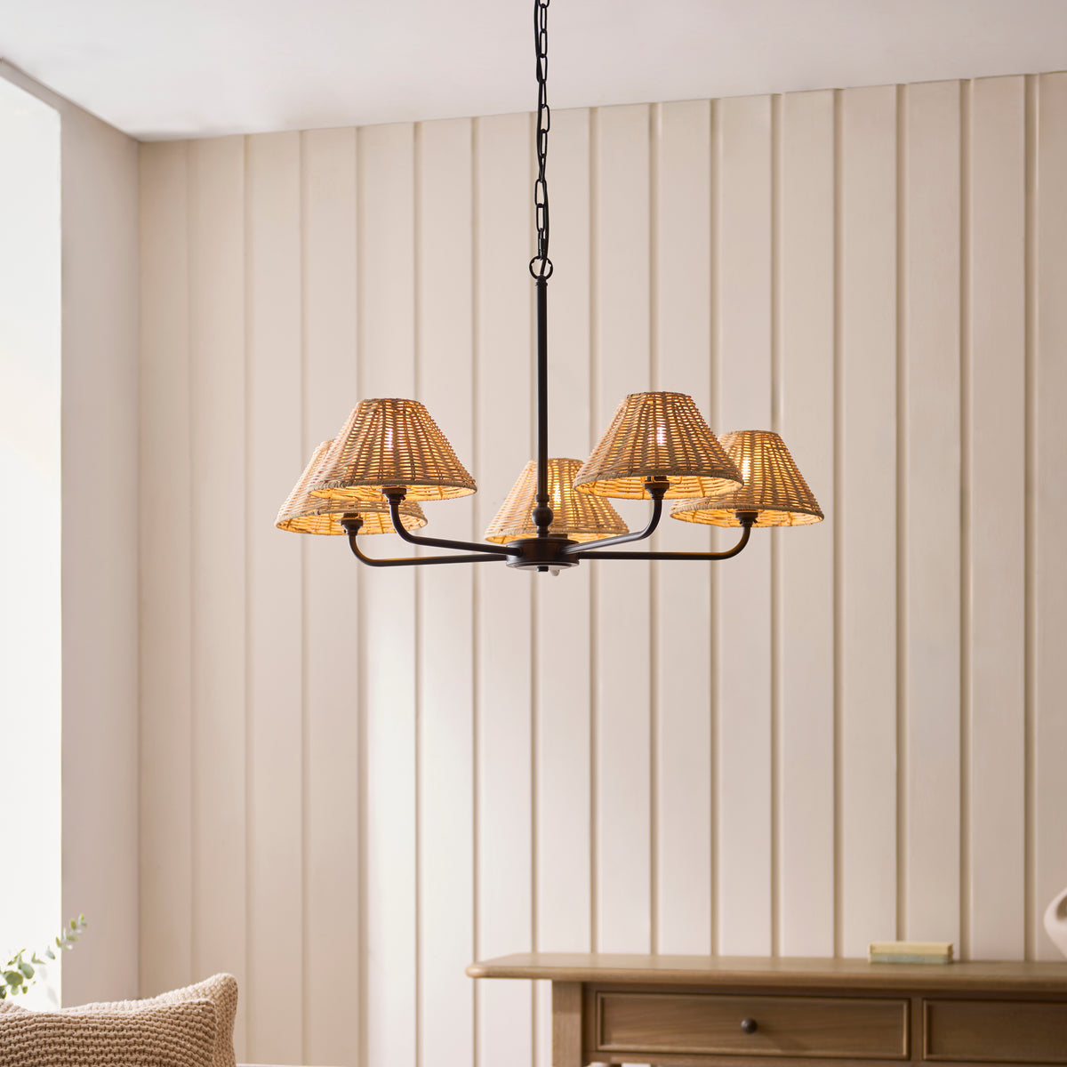 Endon Jericho 5 Light Pendant - Matt Black & Natural Rattan