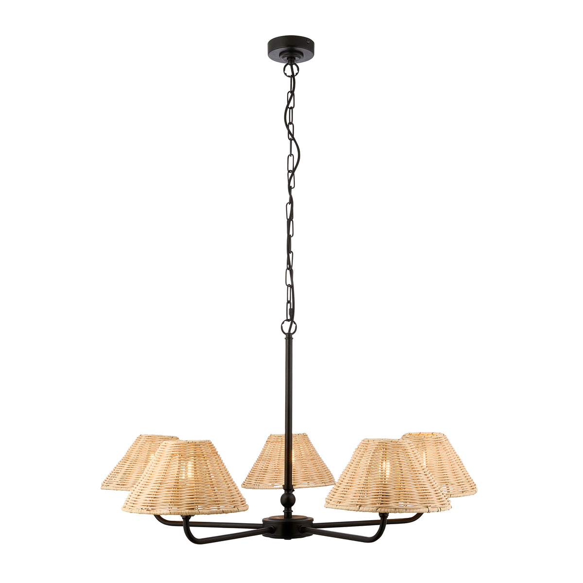 Endon Jericho 5 Light Pendant - Matt Black & Natural Rattan
