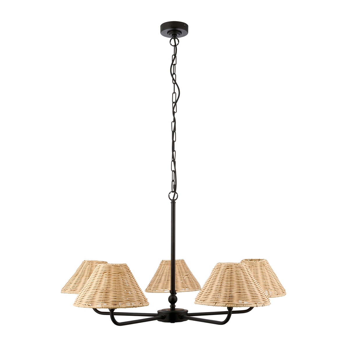 Endon Jericho 5 Light Pendant - Matt Black & Natural Rattan
