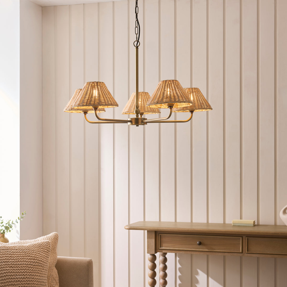 Endon Jericho 5 Light Pendant - Antique Brass Plate & Natural Rattan