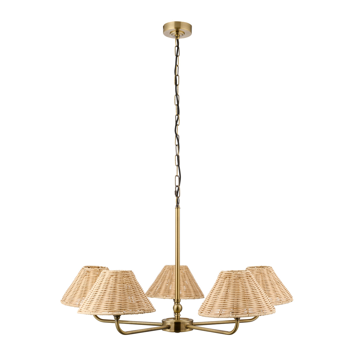Endon Jericho 5 Light Pendant - Antique Brass Plate & Natural Rattan