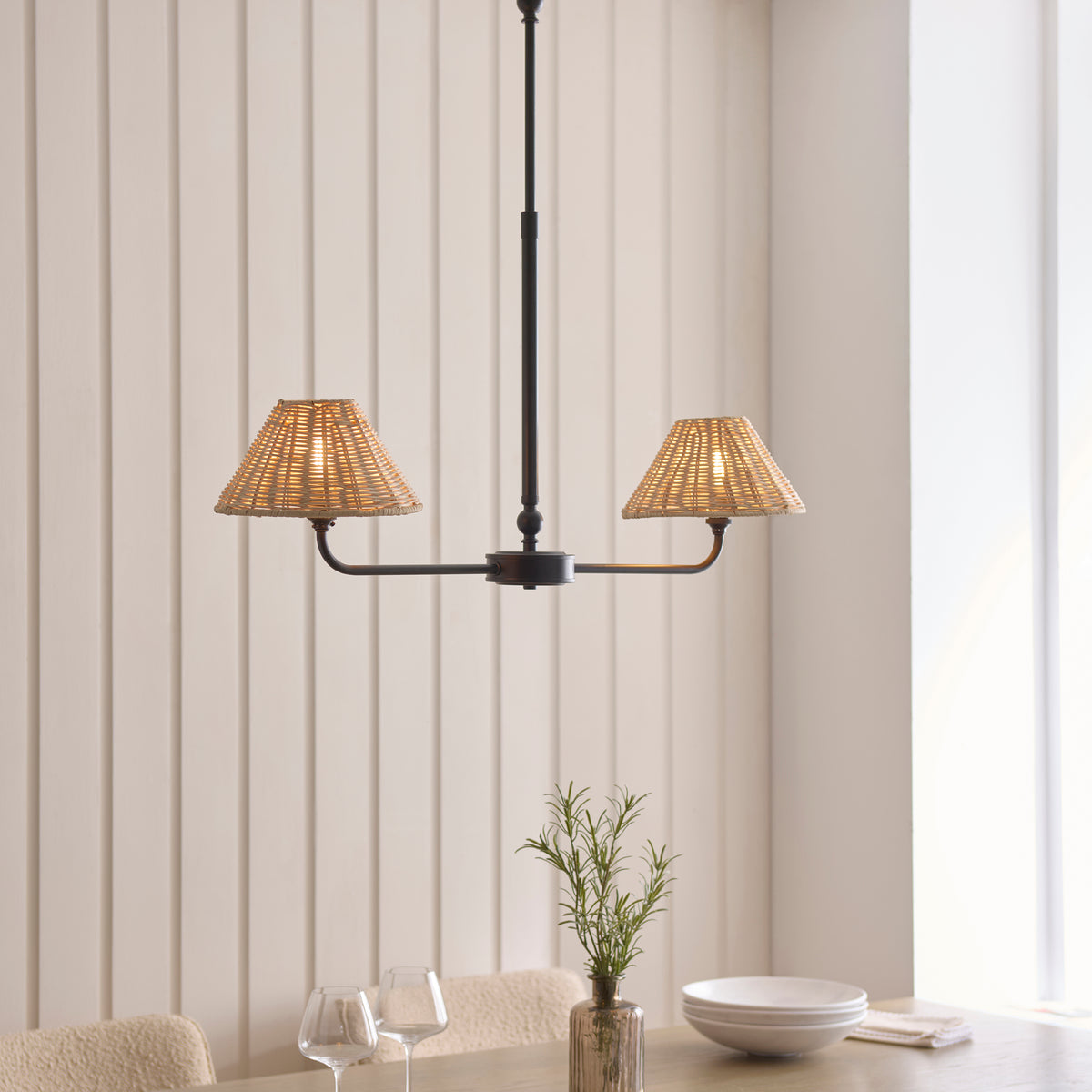 Endon Jericho 2 Light Linear Pendant - Matt Black & Natural Rattan
