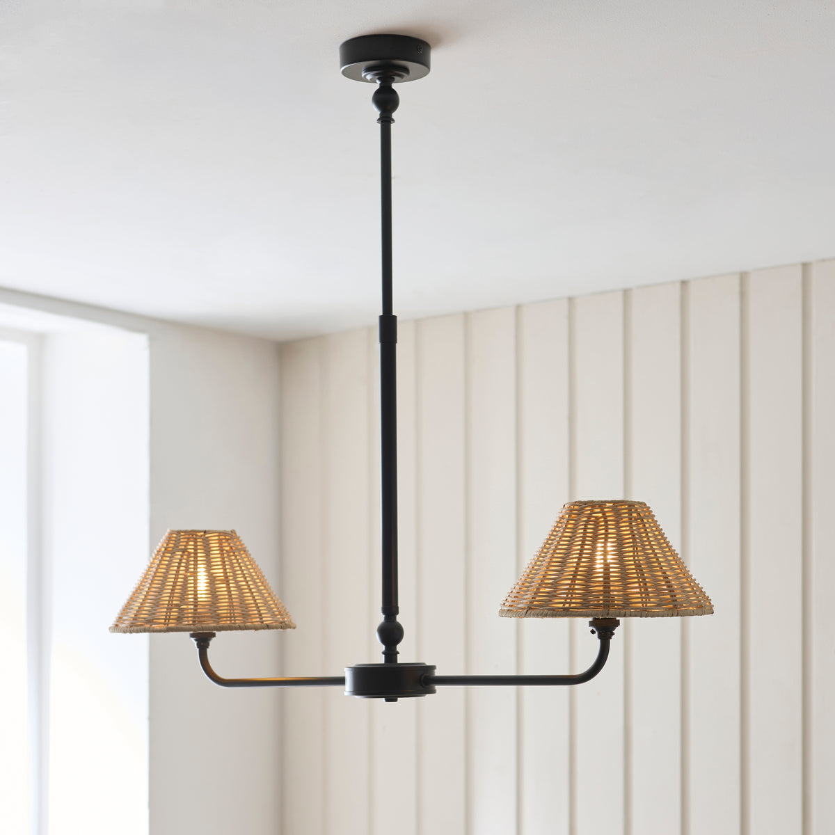Endon Jericho 2 Light Linear Pendant - Matt Black & Natural Rattan