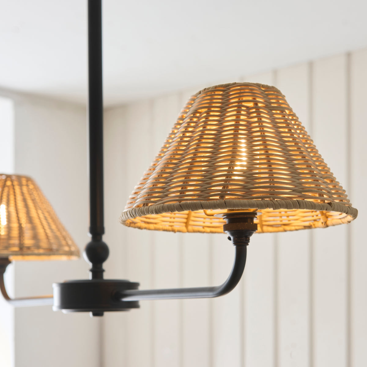 Endon Jericho 2 Light Linear Pendant - Matt Black & Natural Rattan