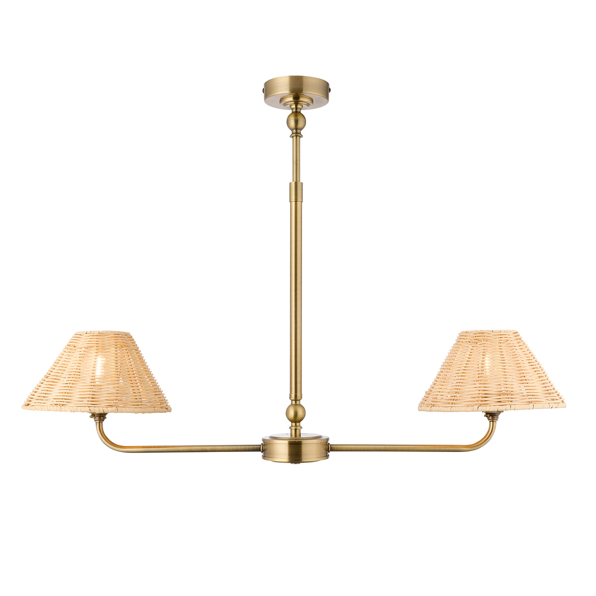 Endon Jericho 2 Light Linear Pendant - Antique Brass Plate & Natural Rattan