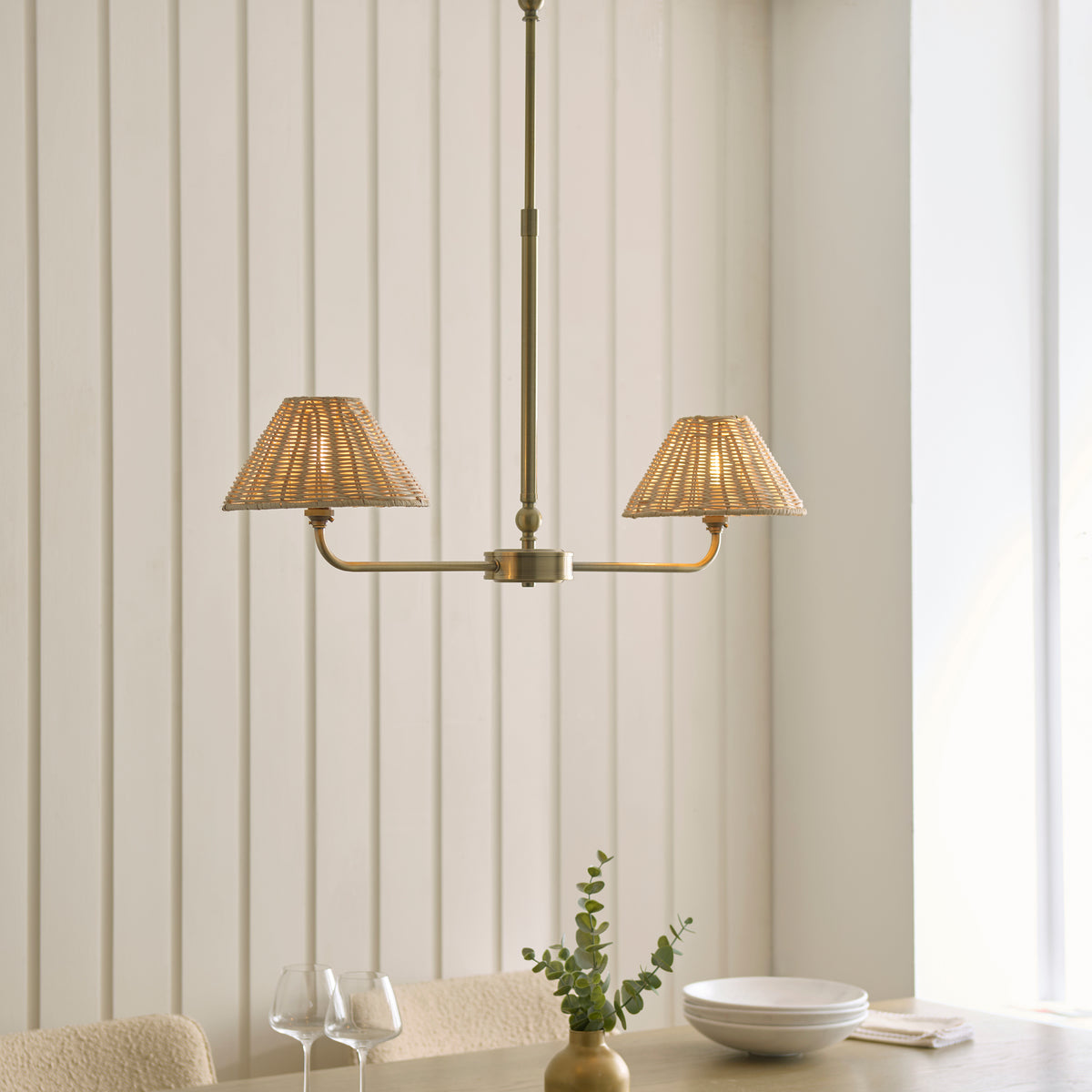 Endon Jericho 2 Light Linear Pendant - Antique Brass Plate & Natural Rattan