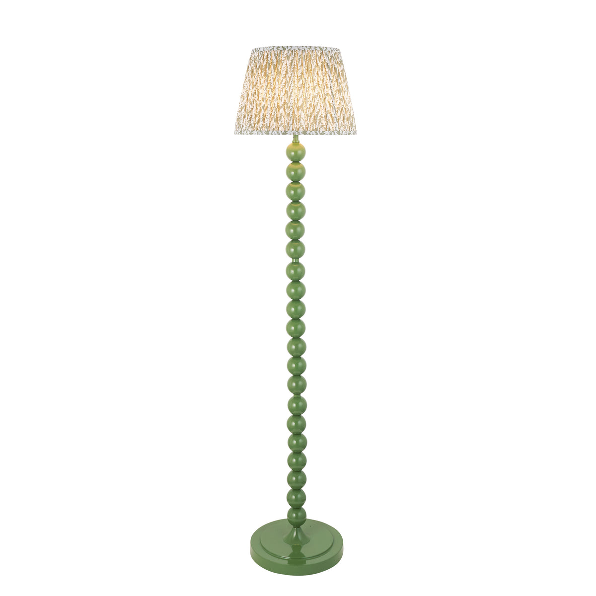 Endon Higgledy floor lamp lit, cut out on white, gloss Cotswold green stacked sphere stem with pleated herb garden green leaf print shade