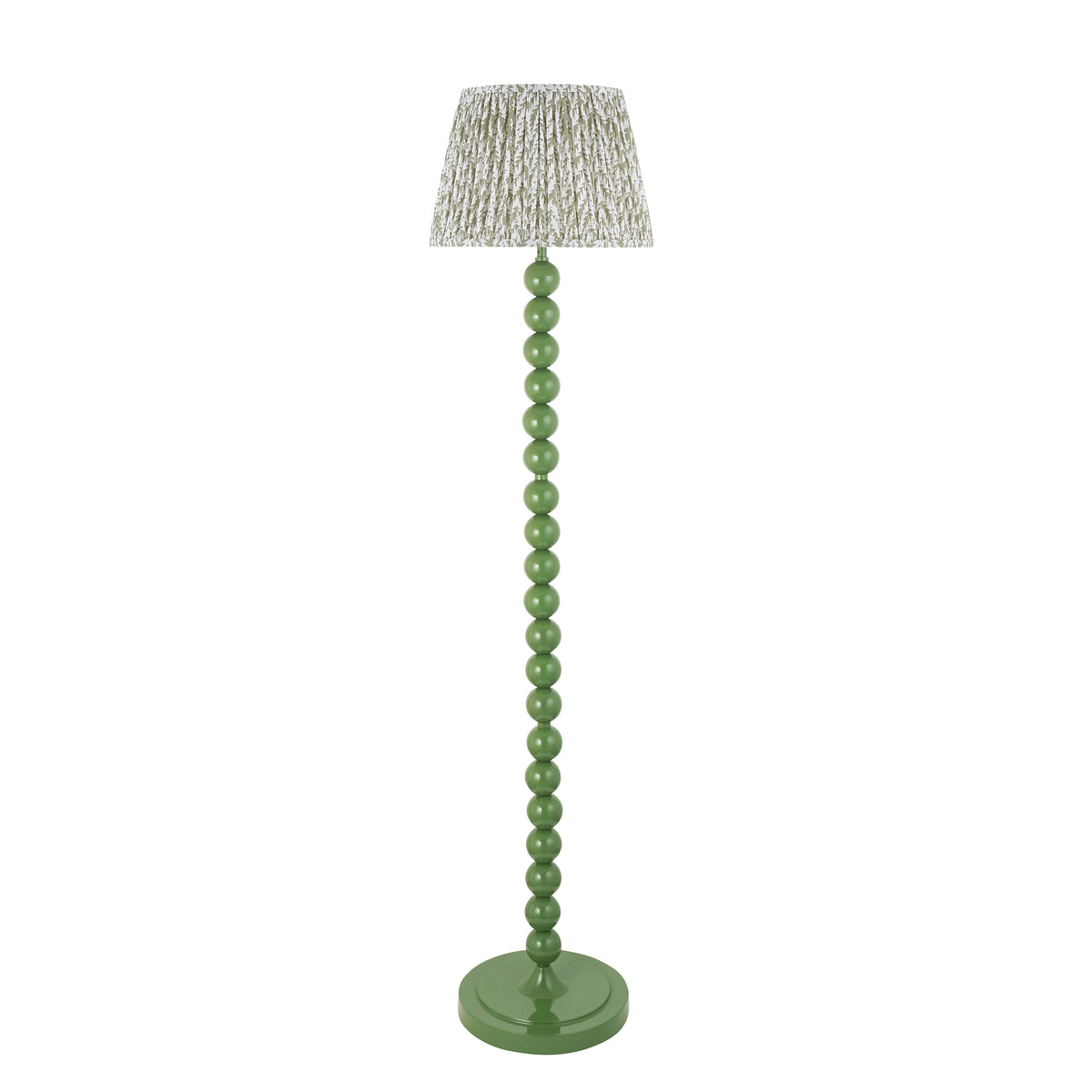 Endon Higgledy floor lamp unlit, cut out on white, gloss Cotswold green stacked spheres and pleated green leaf print shade