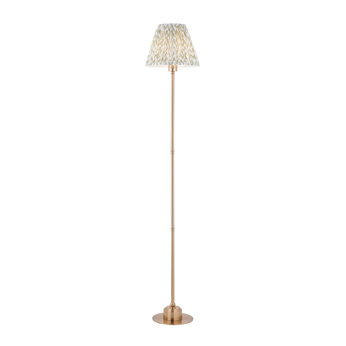 Endon Burley rechargeable floor lamp in brushed aged brass with herb garden green leaf print shade, lit, cut out on white