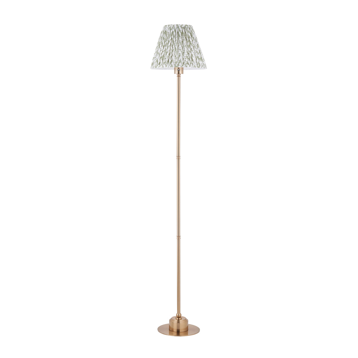 Endon Burley rechargeable floor lamp in brushed aged brass with 25cm green leaf print shade, unlit, cut out on white