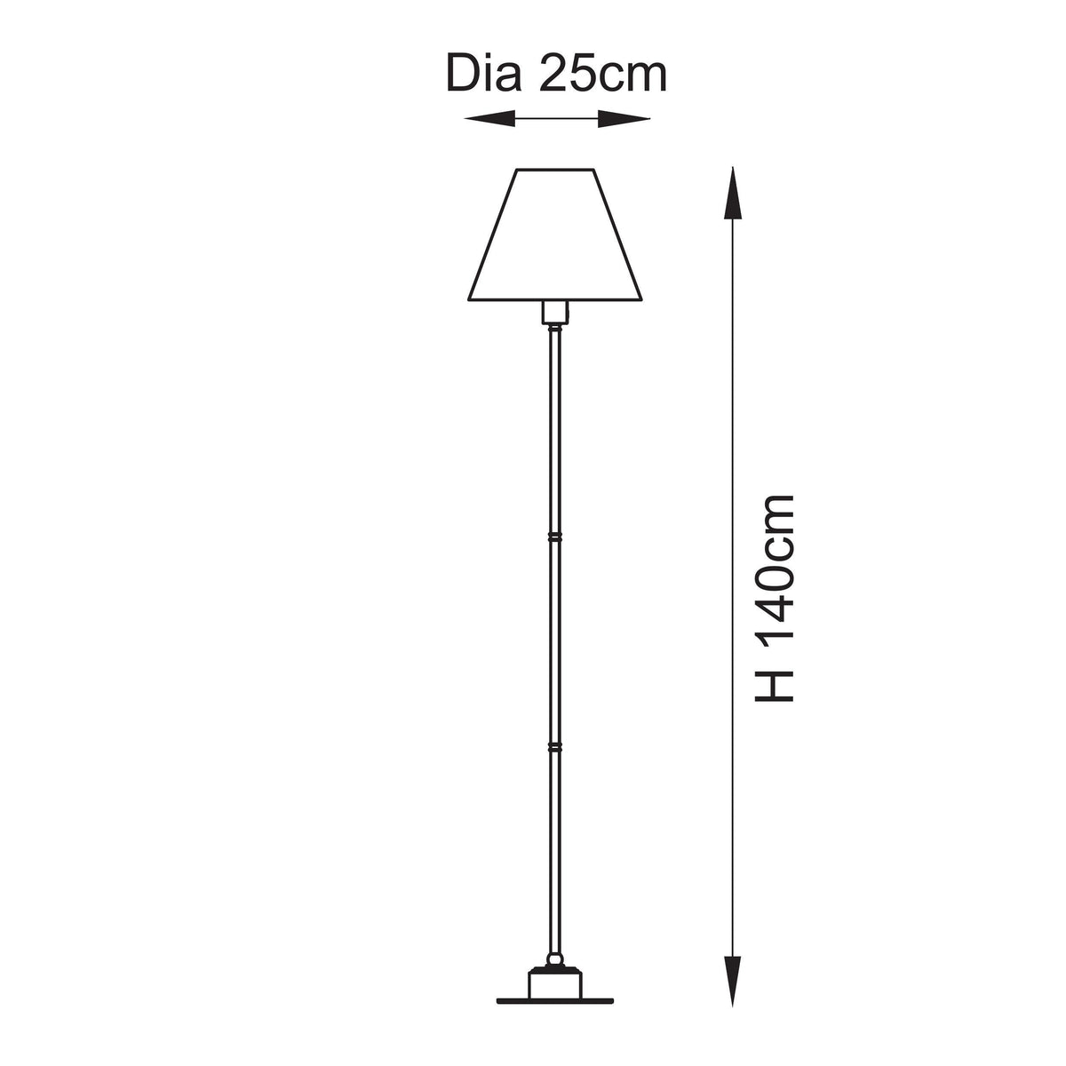 Dimension drawing of the Endon Burley floor lamp showing 140cm height and 25cm shade diameter