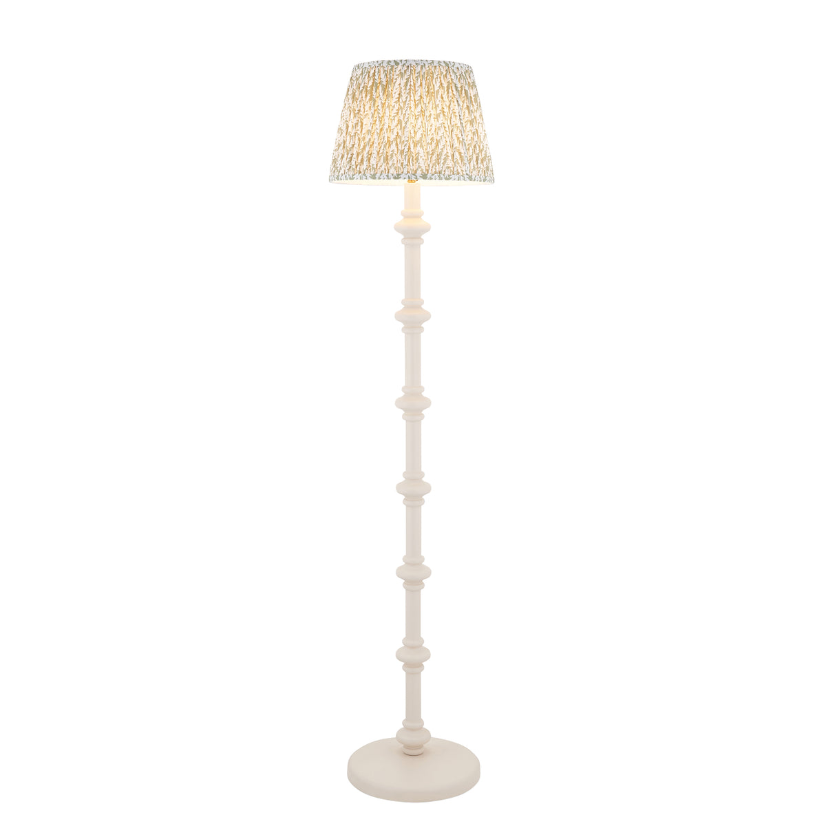Endon Carnaby floor lamp lit, cut out on white, satin almond white turned wooden stem with a herb garden green Leaf shade