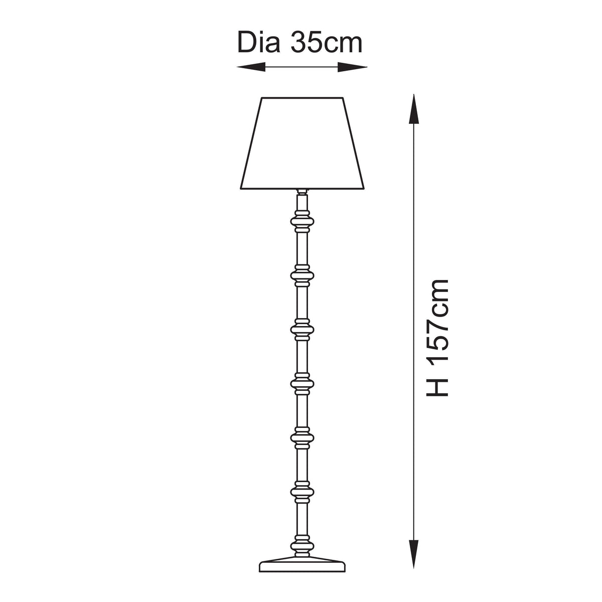 Dimension drawing of the Endon Carnaby floor lamp showing 157cm height and 35cm shade diameter