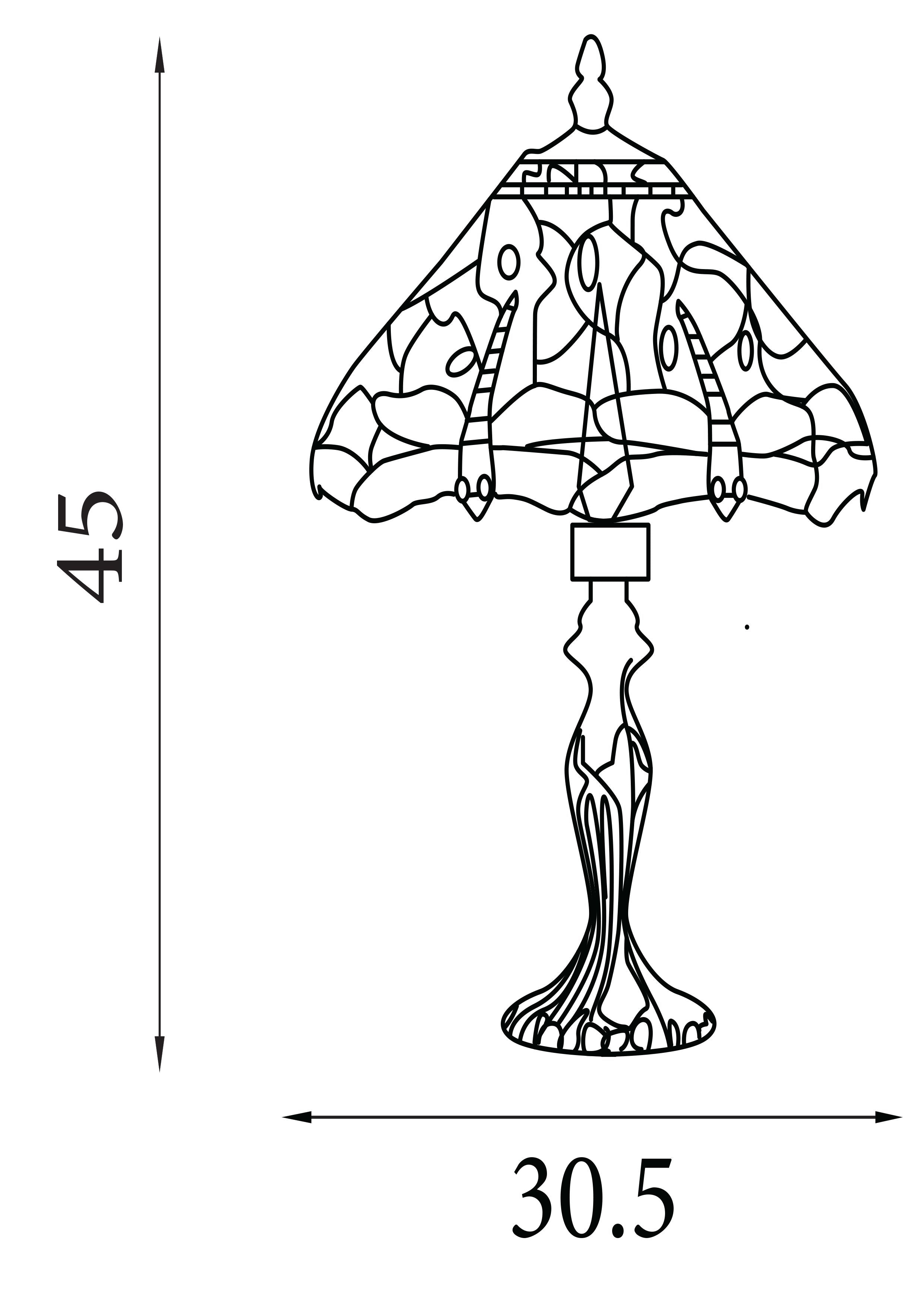 Line drawing showing the Dragonfly table lamp's dimensions, 45cm high and 30.5cm wide