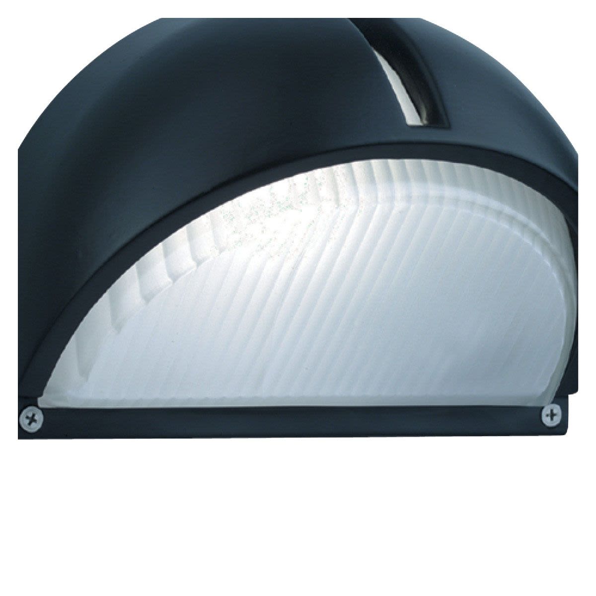 Close up angle of the Kentucky wall light showing the frosted glass panel and cutaway light strip along the top edge, lit