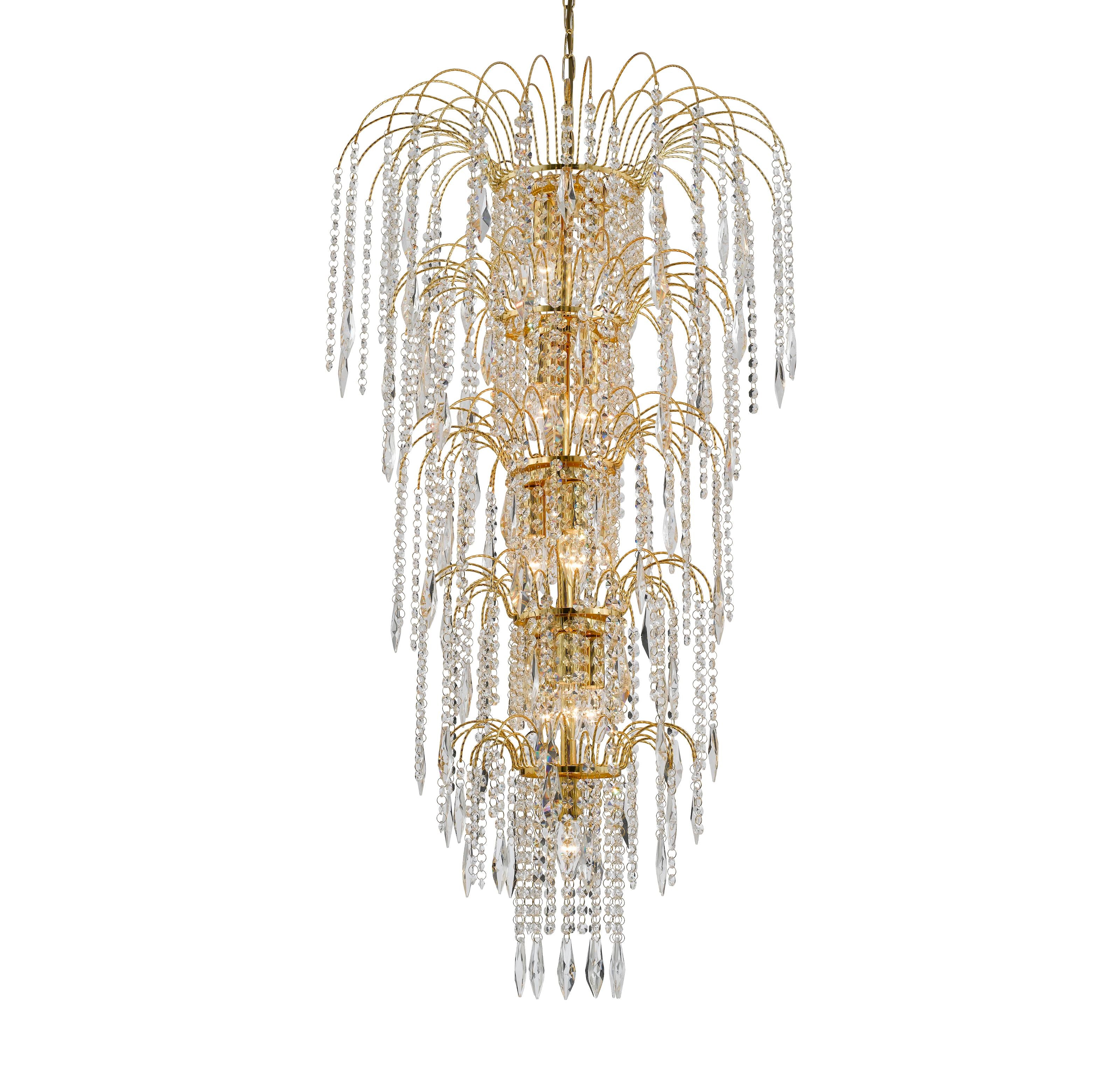 Searchlight Waterfall 13 light chandelier in gold, full length studio shot showing the cascading tiered crystal drops