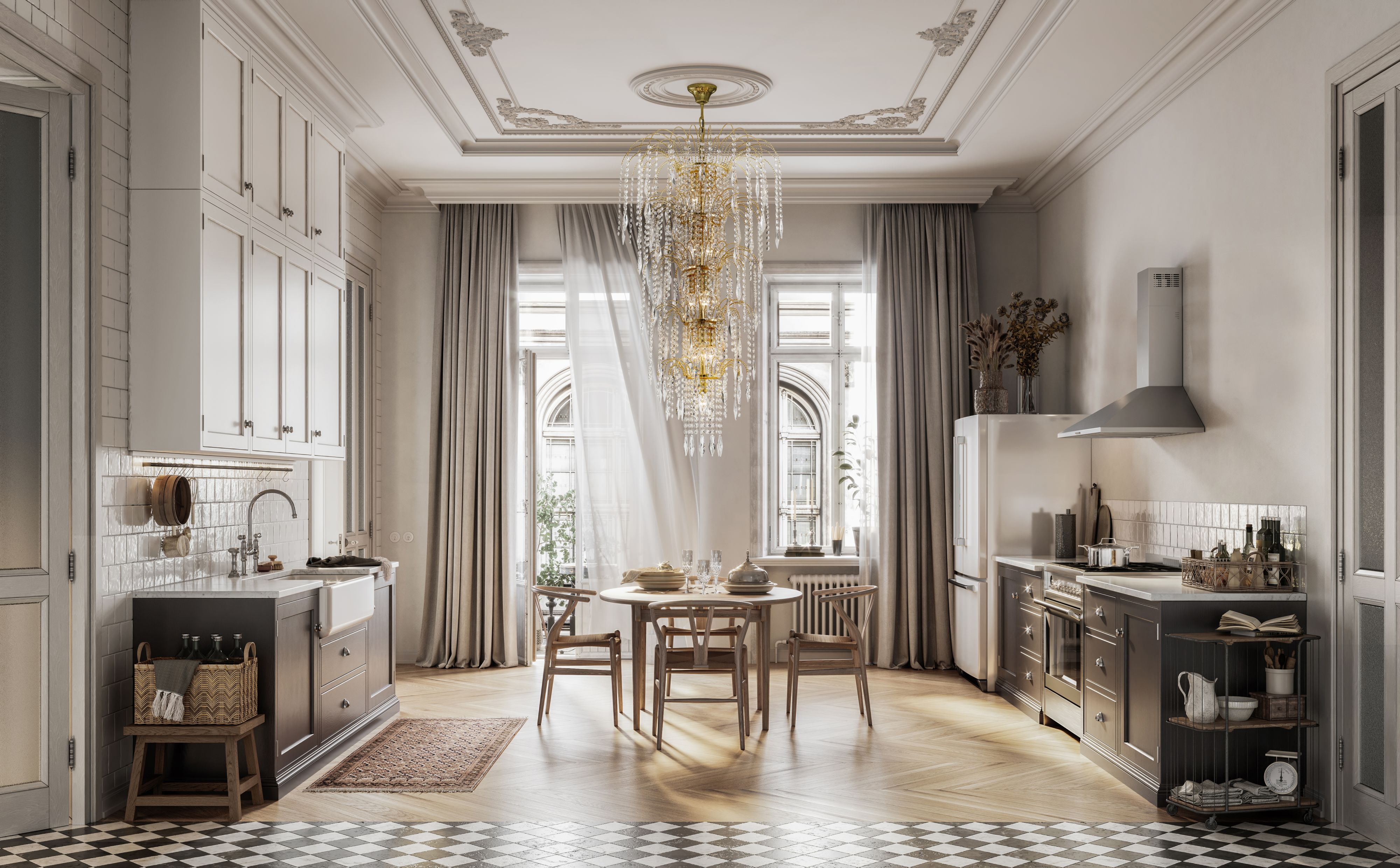 Waterfall chandelier in gold hanging above a dining table in a period style kitchen diner with checkerboard flooring