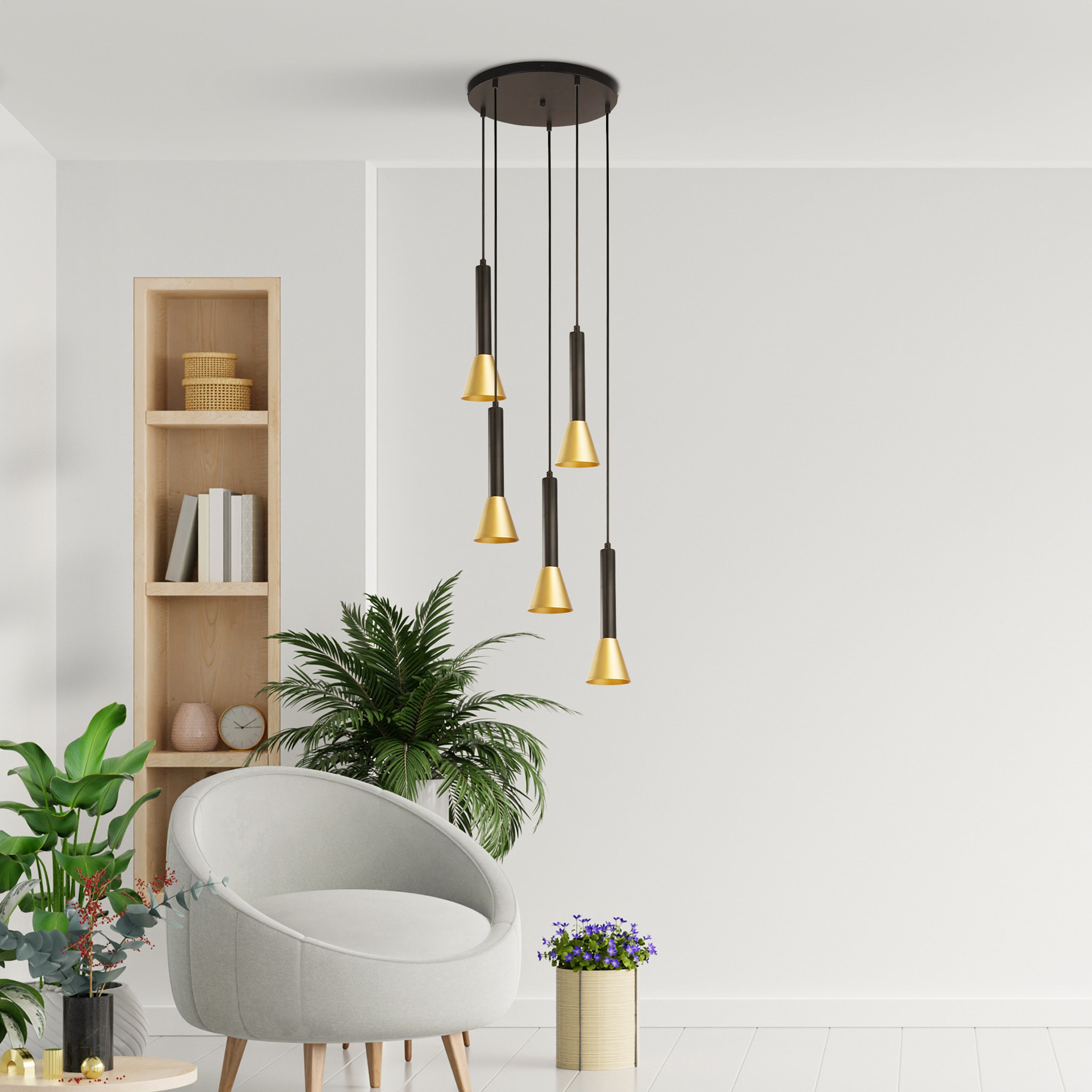 Searchlight Sinclair 5 Light Multi-Drop Pendant - Black & Gold Metal