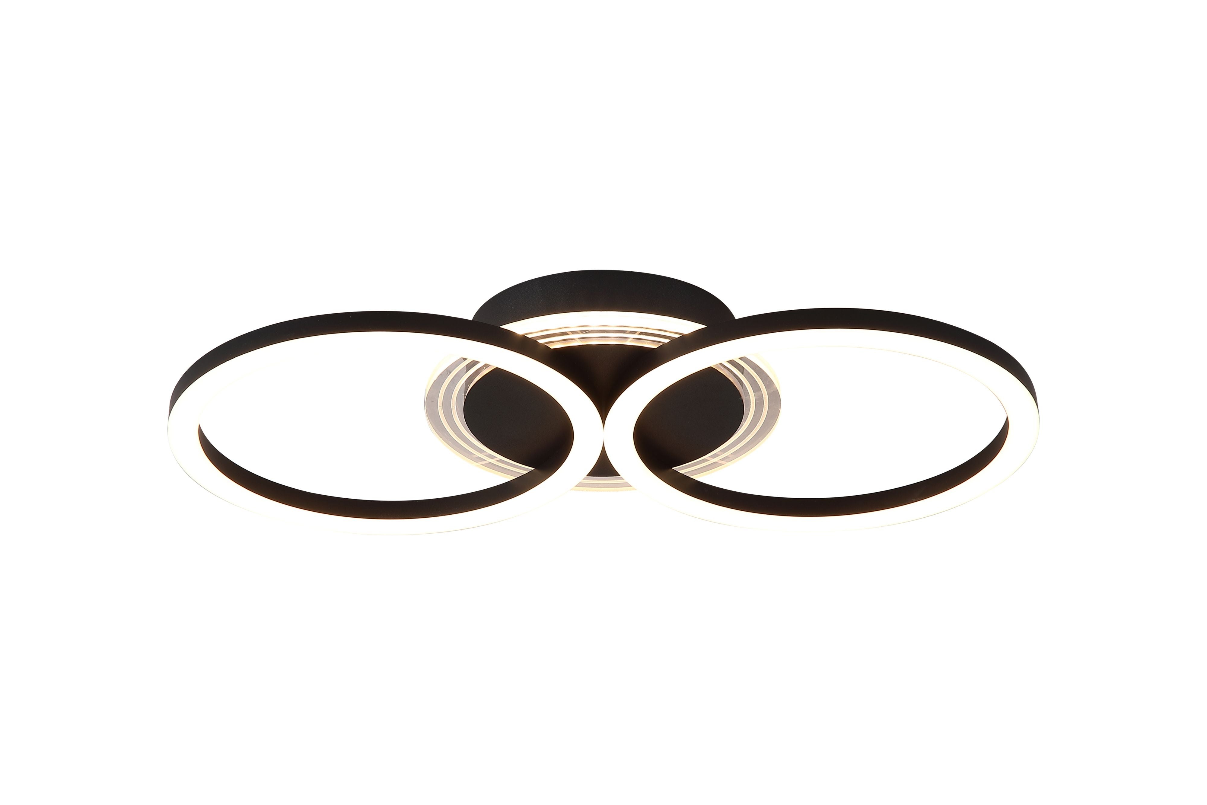 Searchlight Contour double ring LED flush light in matt black, angled studio shot of the two lit rings side by side