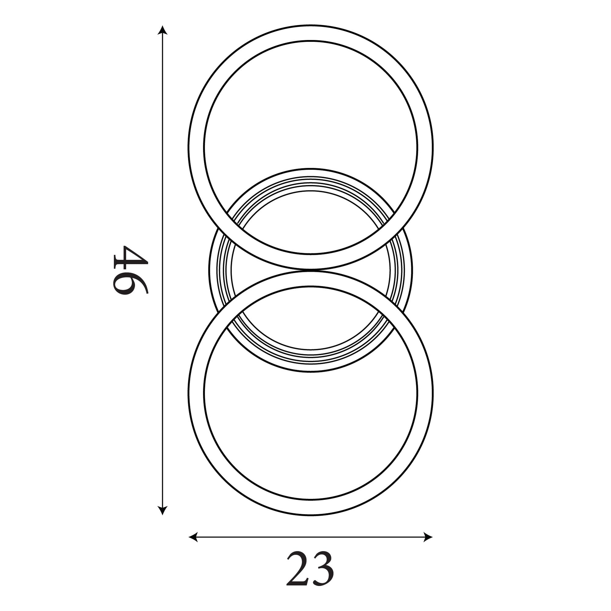 Technical line drawing of the Contour double ring flush light showing 23cm width by 46cm length dimensions